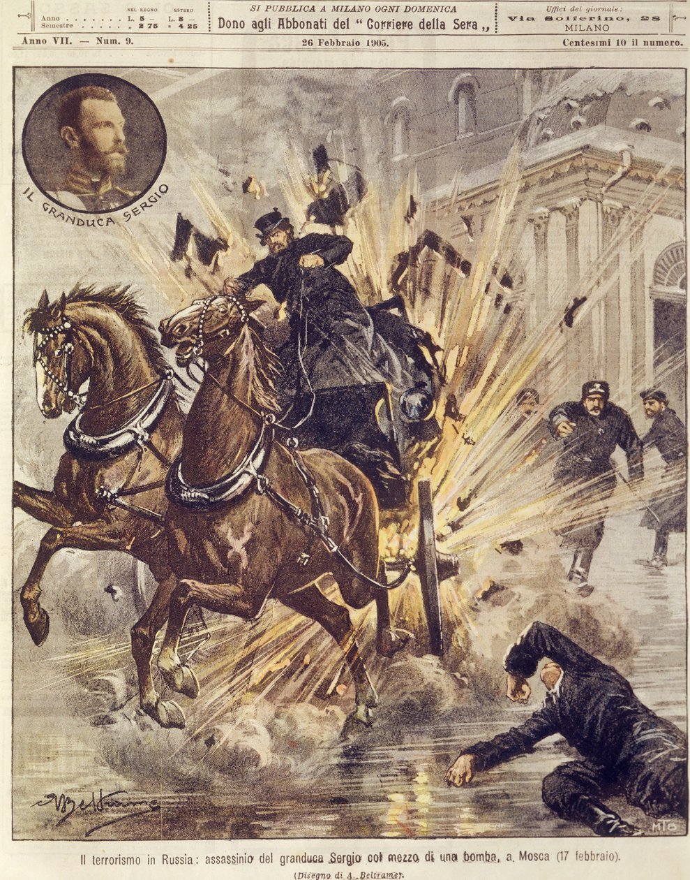 Omslagillustratie van de moord op Groothertog Sergei Alexandrovich Romanov door terroristische bom in Moskou, Rusland door Achille Beltrame