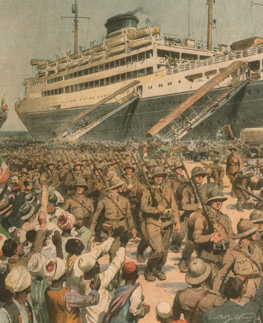 Omslagillustratie van de landing van Italiaanse troepen in Oost-Afrika door Achille Beltrame