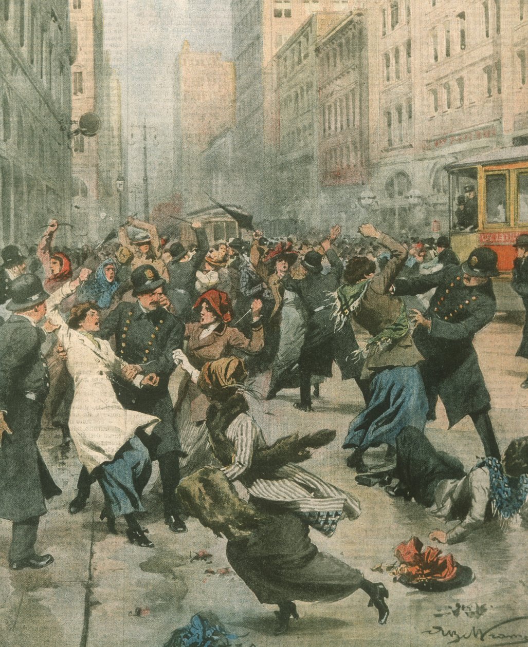 Omslagillustratie van vrouwen die protesteren tegen werkloosheid op straat; New York, VS door Achille Beltrame