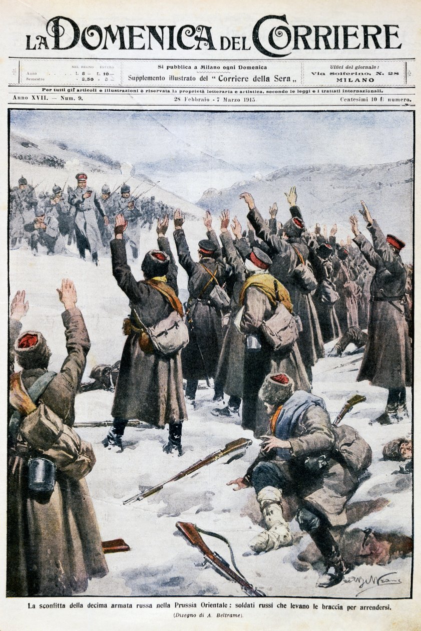 Nederlaag van het tiende Russische leger in Oost-Pruisen: Russische soldaten steken hun armen op in overgave, plaat door Achille Beltrame (1871-1945) uit La Domenica del Corriere, 28 februari-7 maart 1915 door Achille Beltrame