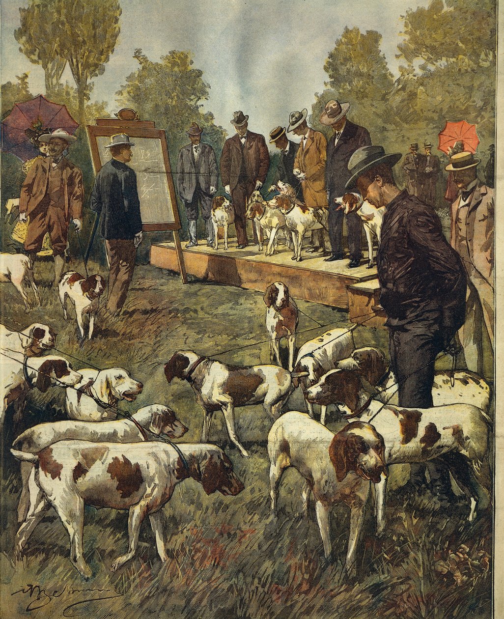 Hondenshow en veldproeven van jachthonden in San Siro (Milaan), door Achille Beltrame (1871-1945), uit La Domenica del Corriere, 2 juli 1899 door Achille Beltrame