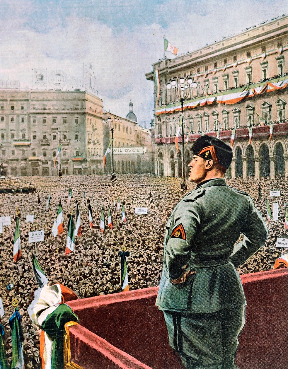 Toespraak van de Duce op Piazza Duomo in Milaan, uitgave van La Domenica del Corriere, mei 1930 door Achille Beltrame