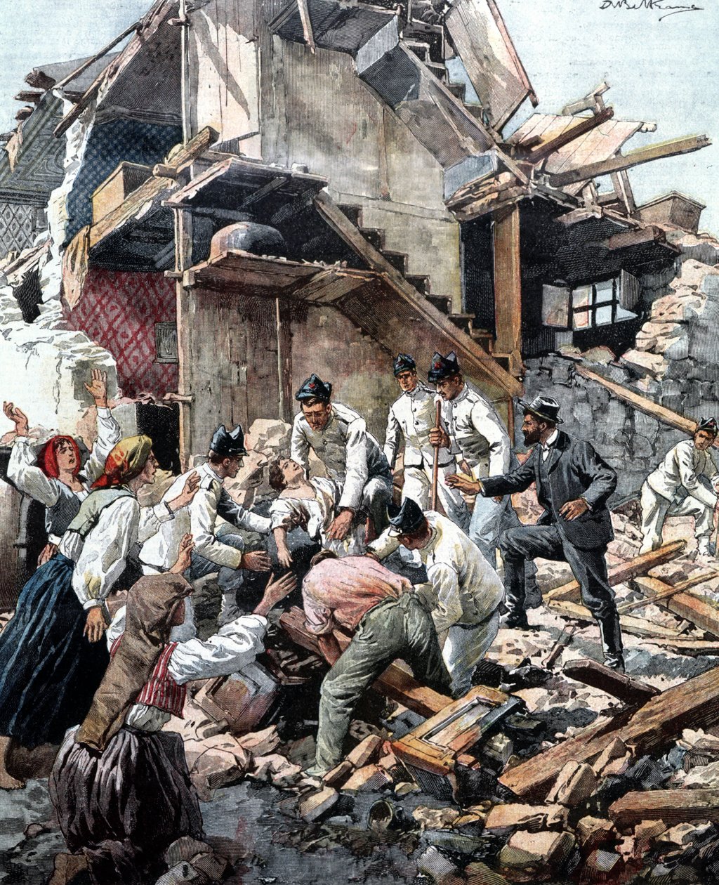 Aardbeving in Reggio (Calabrië) op 28/12/1908. Soldaten zoeken in het puin naar de slachtoffers van de aardbeving. Illustratie door Beltrame. door Achille Beltrame