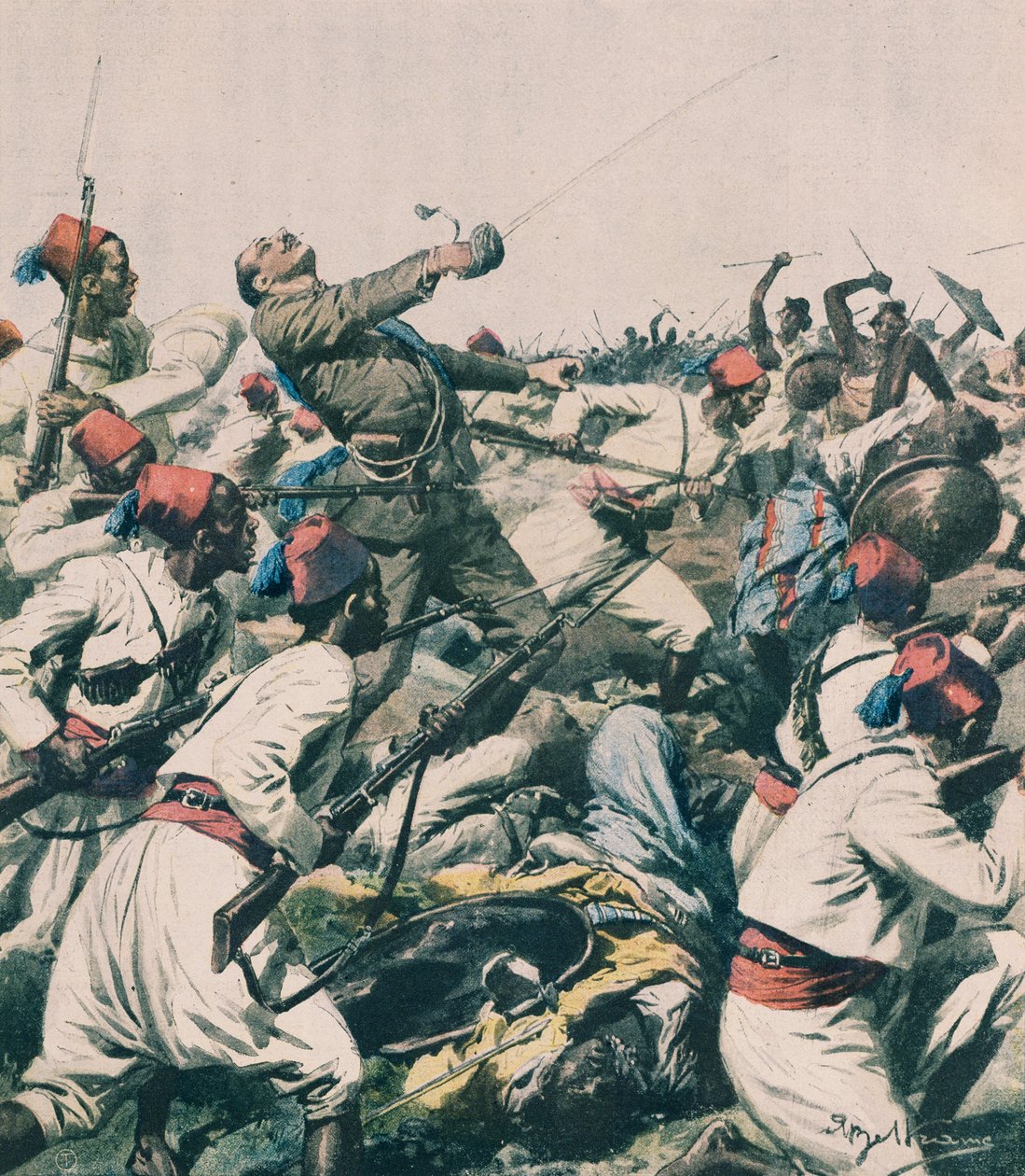 Ethiopische aanval op Lugh garnizoen en moord op Kapitein Bongiovanni, door Achille Beltrame, illustratie, Achille Beltrame (1871-1945), uit La Domenica del Corriere door Achille Beltrame