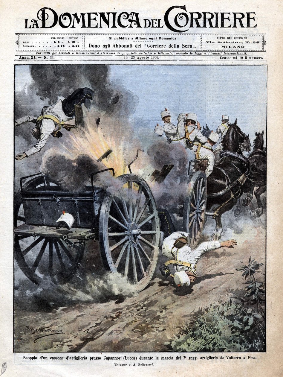 Explosie van een artilleriekist nabij Capannori (Lucca) tijdens de overplaatsing van het 7e artillerieregiment van Volterra naar Pisa. Illustratie van Beltrame. 