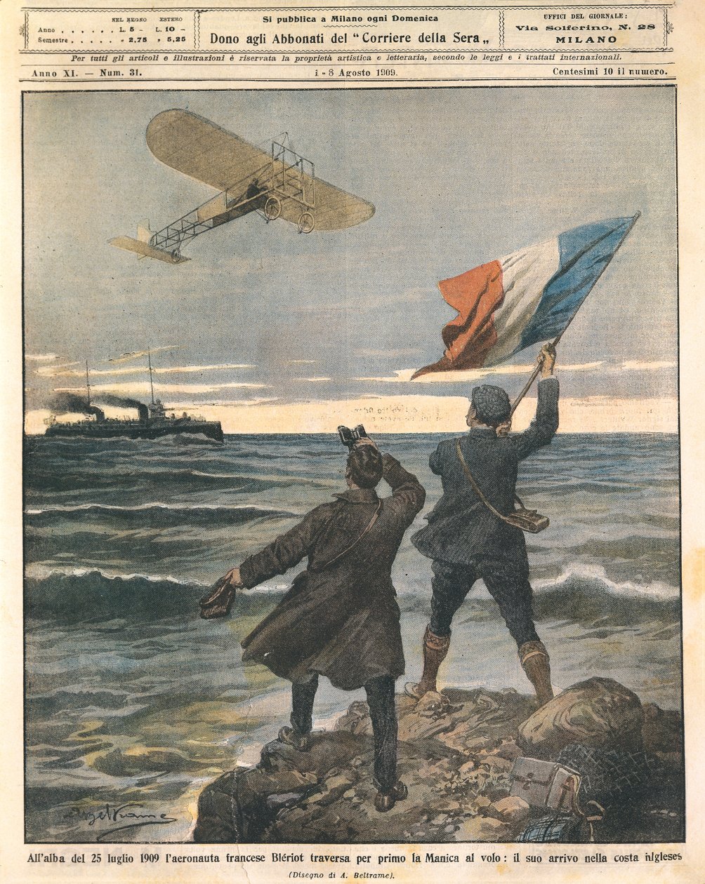 Franse vliegenier Louis Bleriot, eerste persoon die het Kanaal overstak, vieringen aan Engelse kust, 25 juli door Achille Beltrame