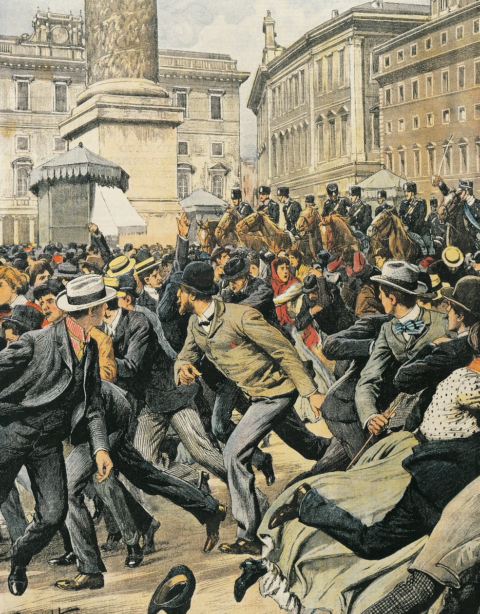 Algemene staking van arbeiders in Rome, door Achille Beltrame, illustratie, Illustrator Achille Beltrame (1871-1945), uit La Domenica del Corriere door Achille Beltrame