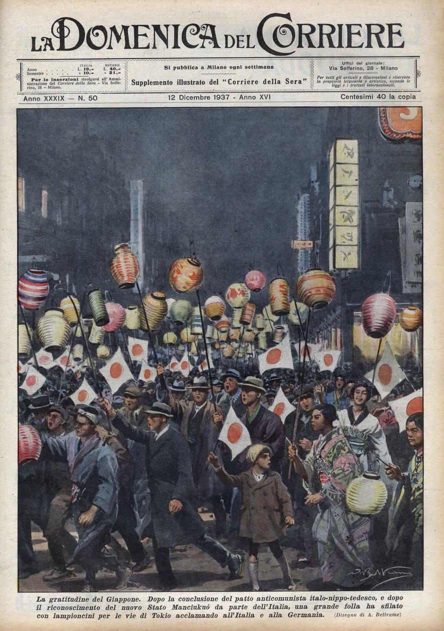 Groot defilé van inwoners van Tokio om Italië en Duitsland te eren na de erkenning van de nieuwe staat Mantsjoekwo (Manchukuo of Manzhouguo). Illustratie van Achille Beltrame in 