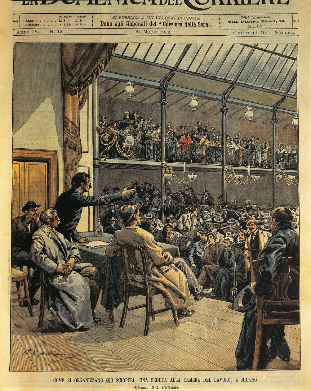 Hoe stakingen te organiseren, zitting van de Kamer van Arbeid in Milaan, illustratie door Achille Beltrame uit La Domenica del Corriere, 23 maart door Achille Beltrame