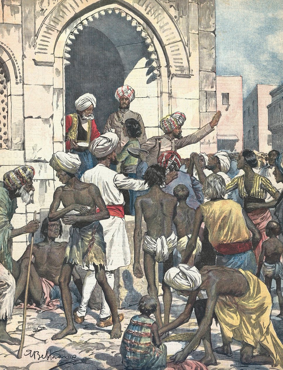 India. Droogte veroorzaakt epidemieën. Voedseluitdeling. Geïllustreerd door Antonio Beltrame. La domenica del Corriere. 26 februari door Achille Beltrame