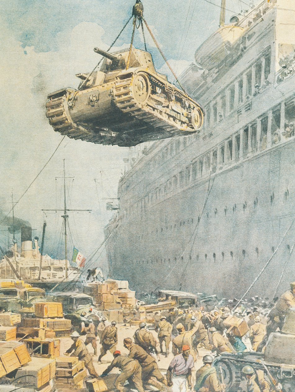 Italiaans konvooi dat zijn bestemming bereikt in Libië, door Achille Beltrame, illustratie door Achille Beltrame