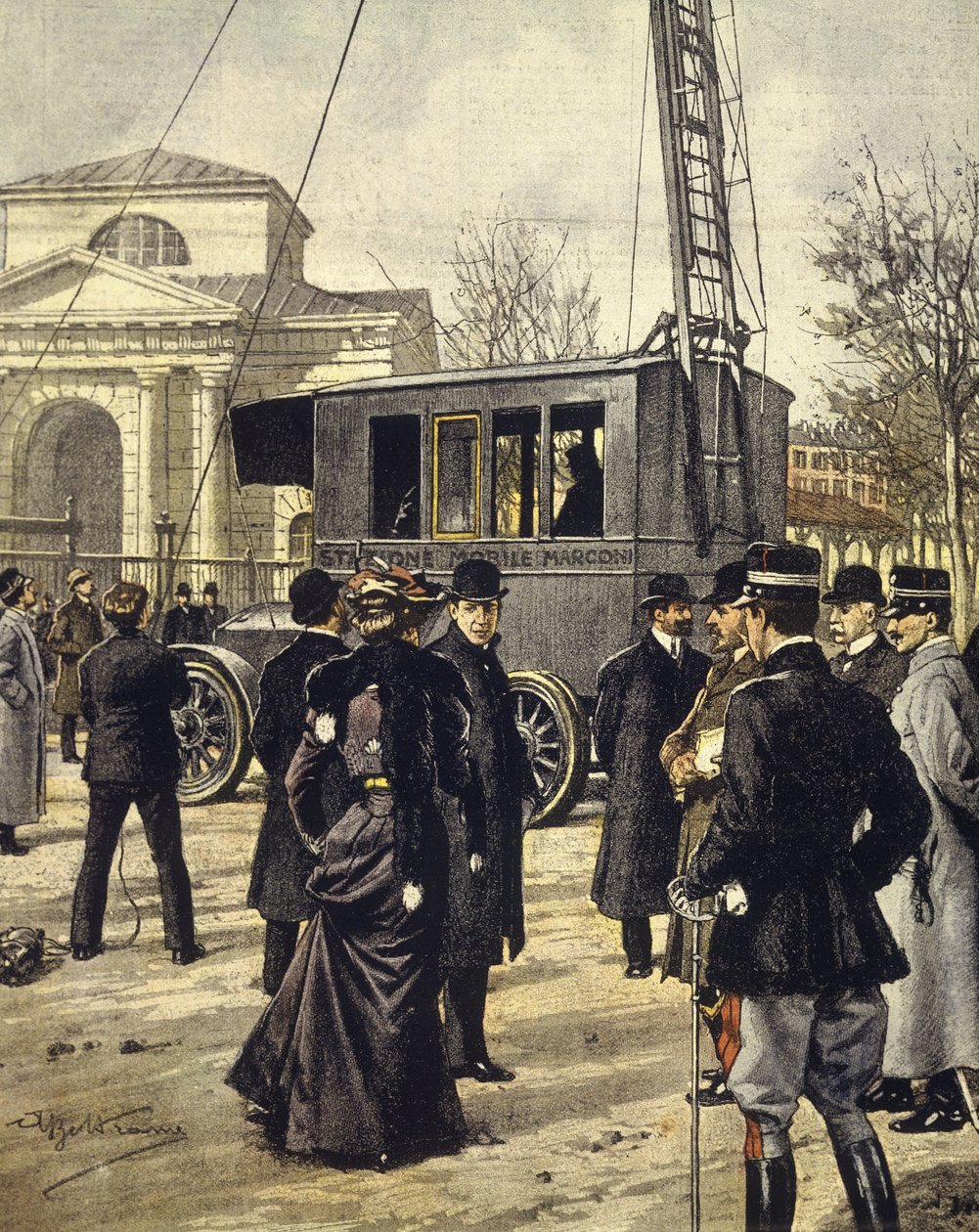 Italiaanse natuurkundige Guglielmo Marconi woont experimenten bij met eerste mobiele radiostation in Milaan, 30 december door Achille Beltrame
