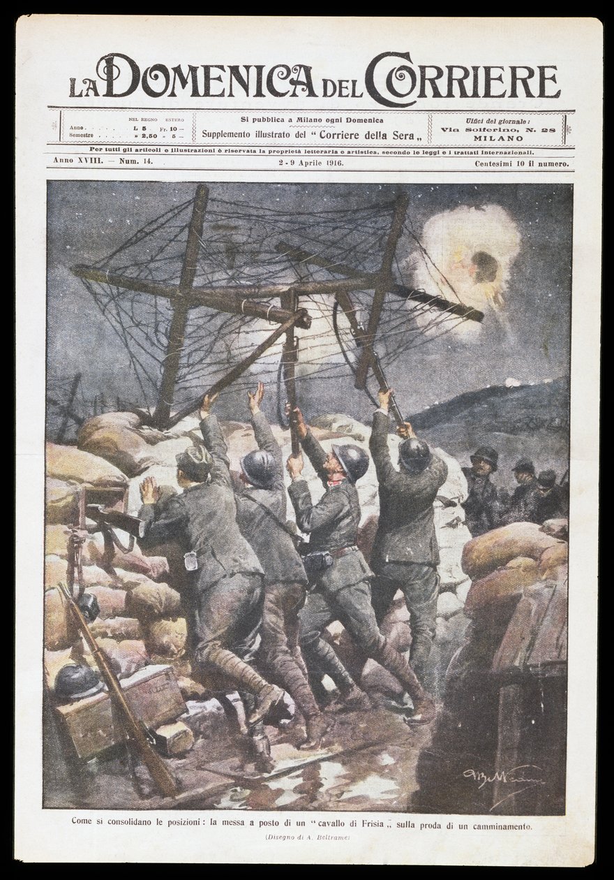 Italiaanse soldaten plaatsen Friese hengst in loopgraaf, plaat door Achille Beltrame voor Domenica del Corriere, 2-9 april 1916, Eerste Wereldoorlog, Italië, 20e eeuw door Achille Beltrame