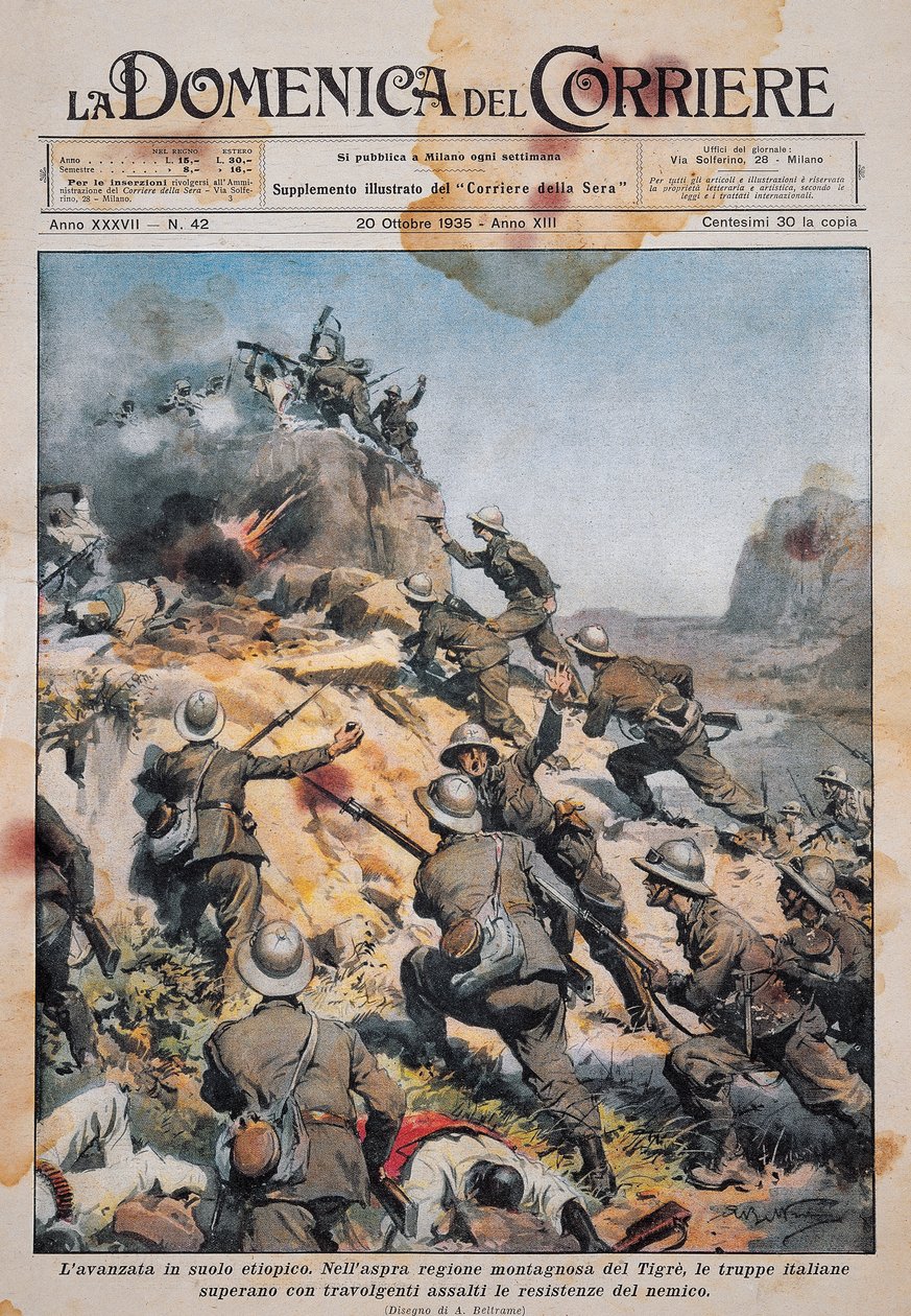 Italiaanse troepen oprukkend op Ethiopische bodem, illustratie uit La Domenica del Corriere, 20 oktober door Achille Beltrame