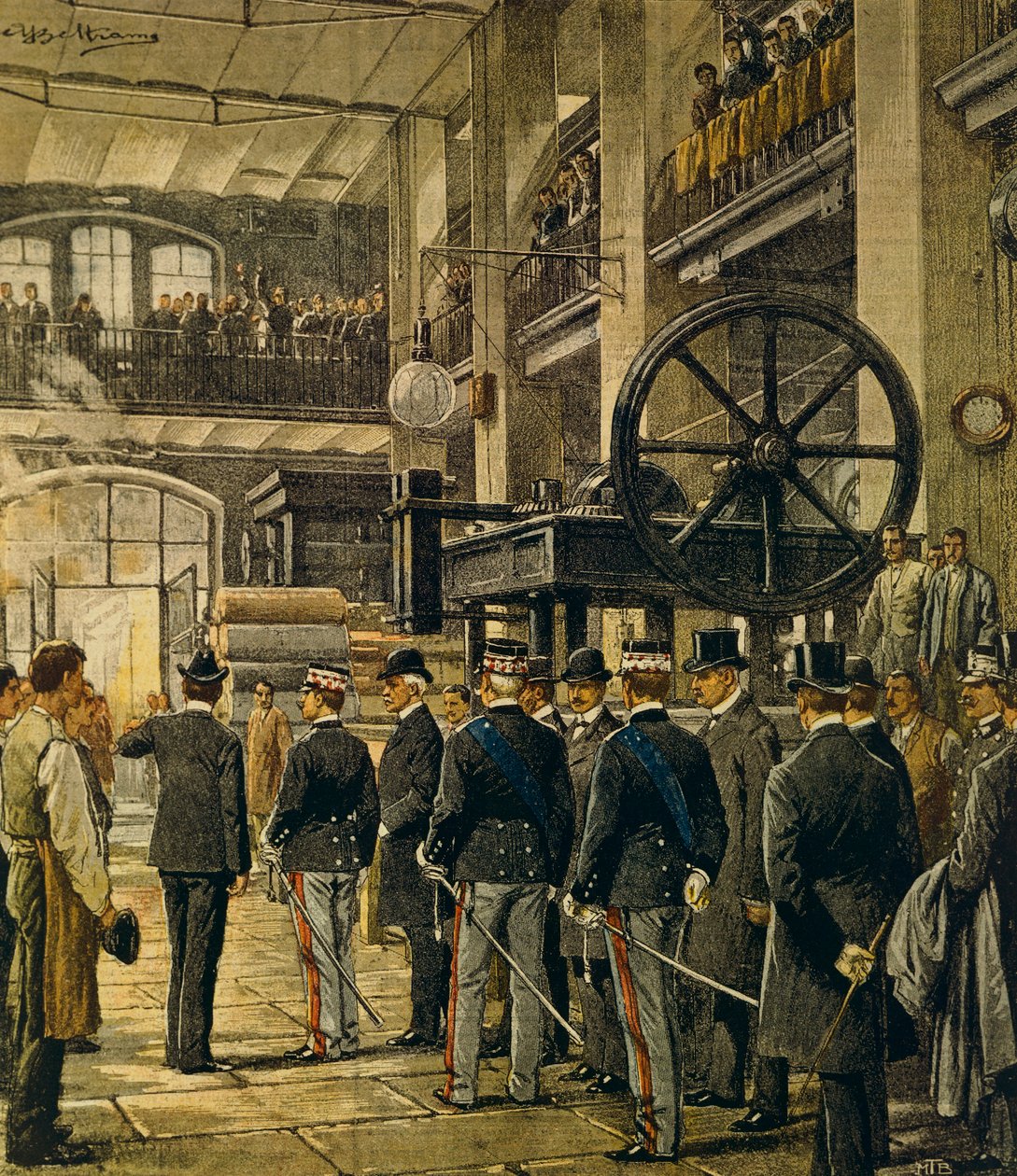 Koning Vittorio Emanuele III bezoekt fabrieken in Milaan, door Achille Beltrame (1871-1945), uit La Domenica del Corriere, 8 oktober 1905 door Achille Beltrame