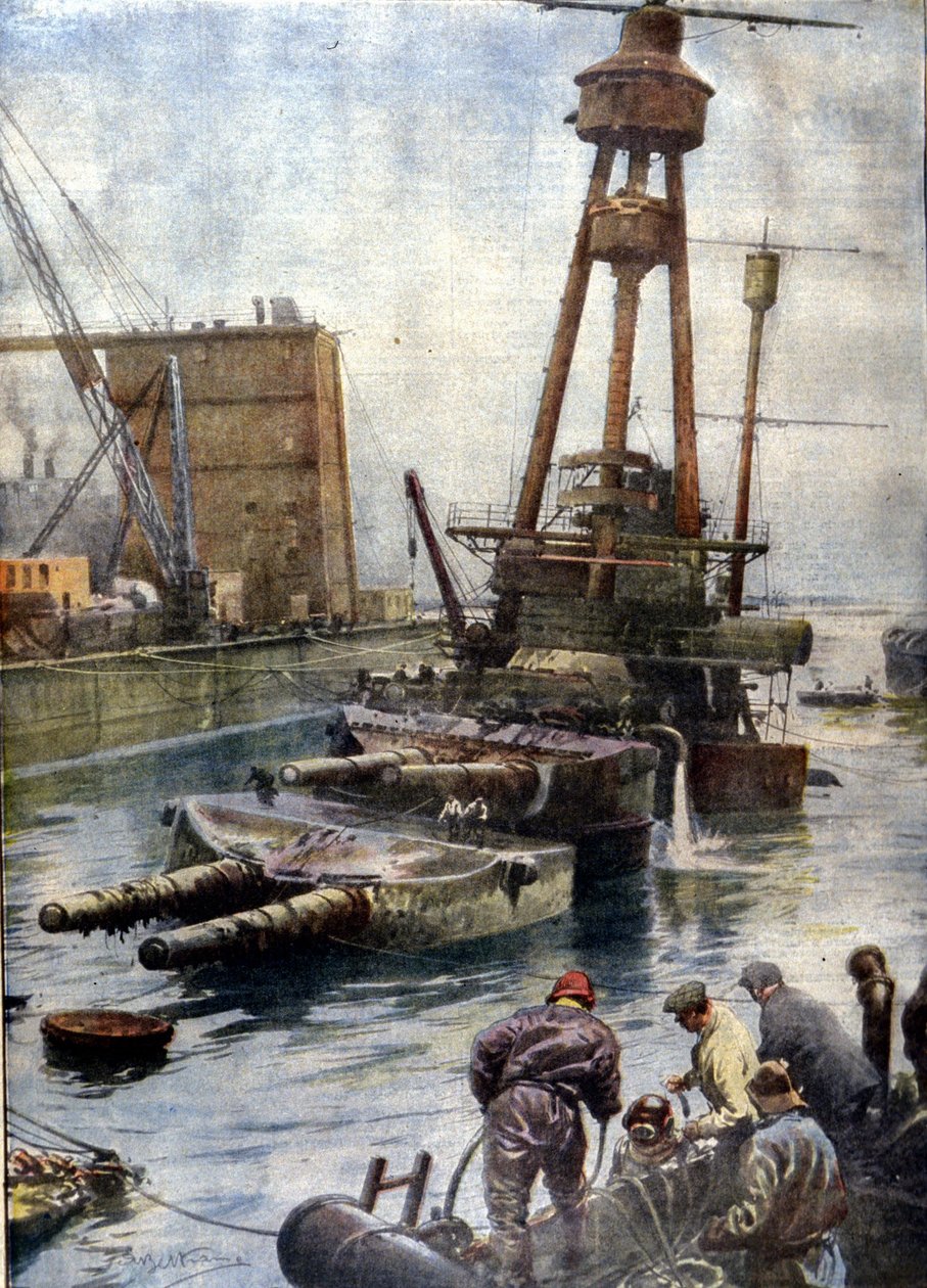 Het Duitse slagschip Hindenburg, gezonken bij Scapa Flow in Schotland, is weer aan de oppervlakte gekomen dankzij de Engelse vloot na 7 jaar op de bodem van de oceaan. Illustratie van Beltrame. La Domenica del Corriere door Achille Beltrame