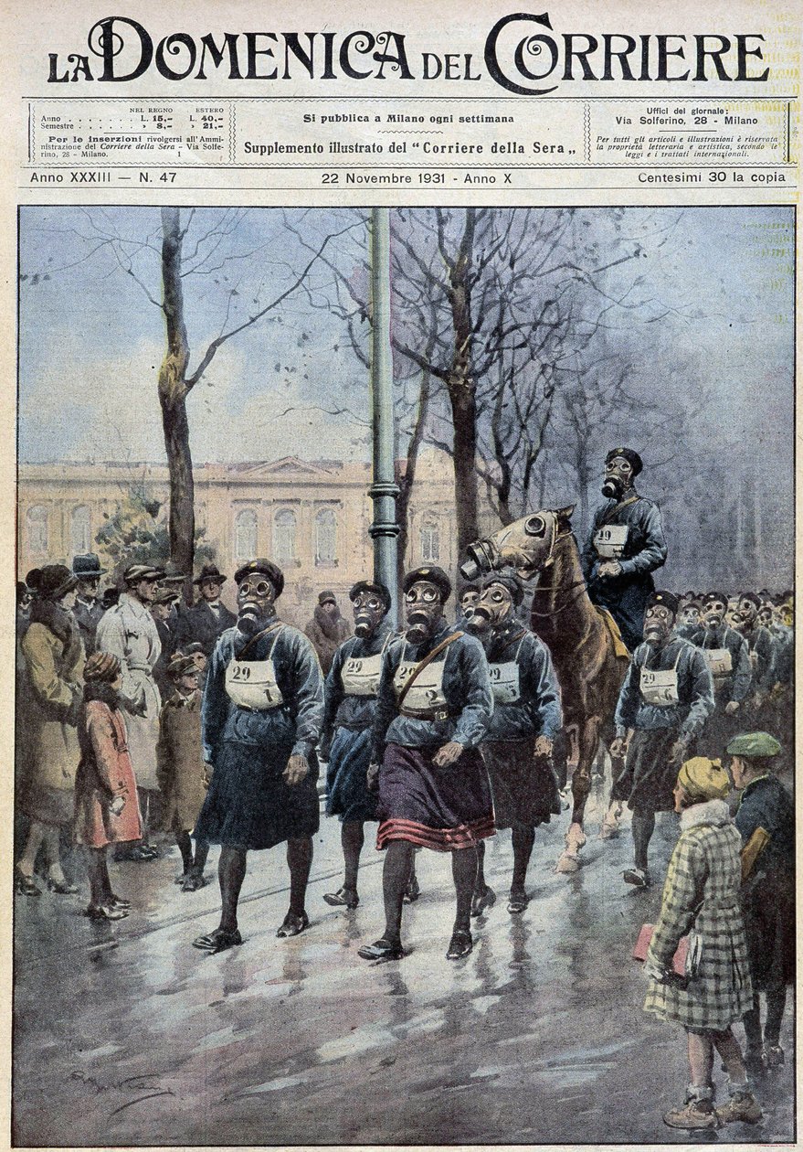 Mars georganiseerd in Warschau om de bevolking te oefenen in het gebruik van gasmaskers - tekening door A. Beltrame, in 