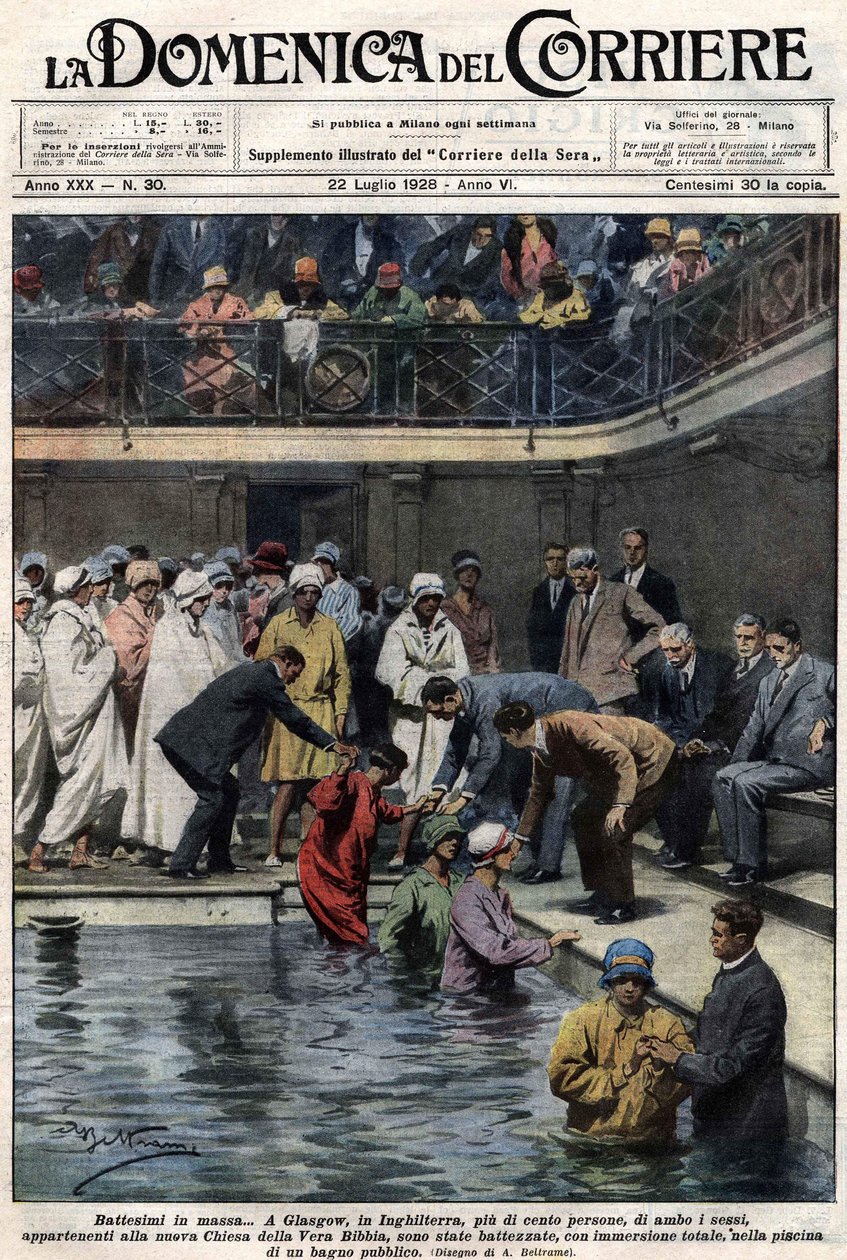 Massadoop: In Glasgow, Schotland, werden meer dan honderd mensen, leden van de nieuwe True Bible Church, gedoopt in het gemeentelijk zwembad. Illustratie door Beltrame. La Domenica del Corriere. 22/07/1928 door Achille Beltrame