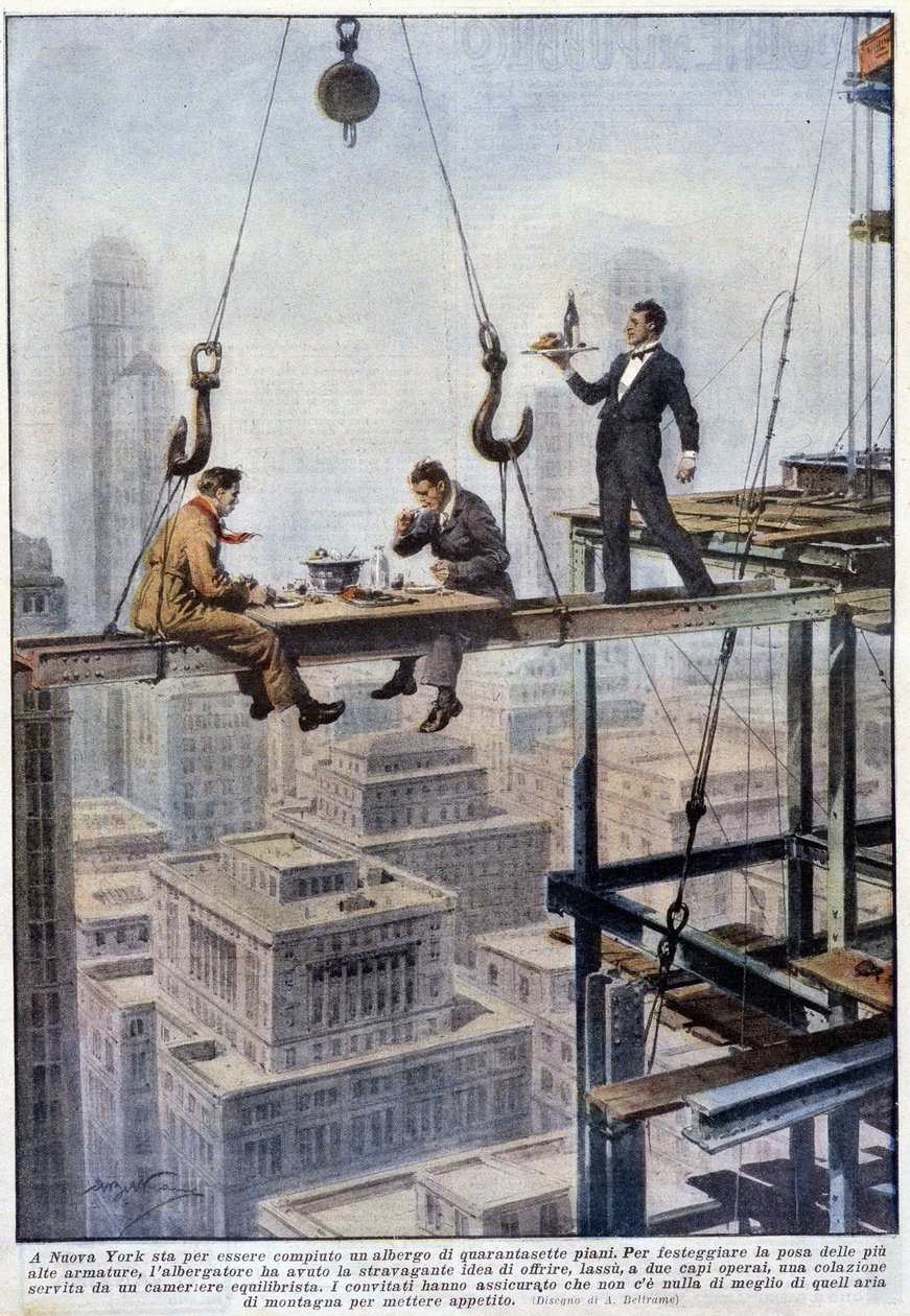 Maaltijd van twee voormannen in balans op het frame van een wolkenkrabber in New York - tekening van A. Beltrame, in 