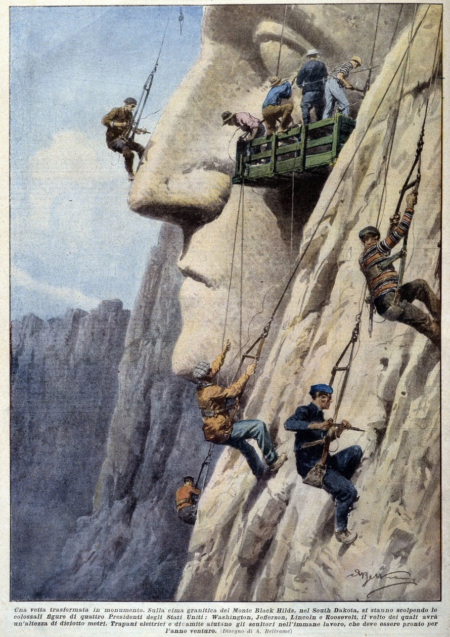 Mannen klimmen op een granieten klif en beeldhouwers aan het werk, voor de bouw van het monument van Amerikaanse presidenten van Mount Black Hills - tekening door A. Beltrame, in 