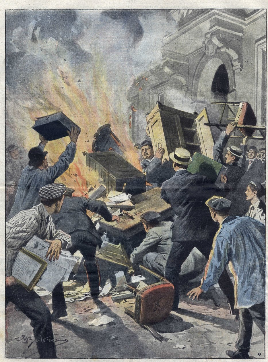 Midi-wijncrisis in 1907: wijnboeren steken het stadhuis van Béziers (Hérault) in brand. Illustratie van Achille Beltrame uit 1907. door Achille Beltrame
