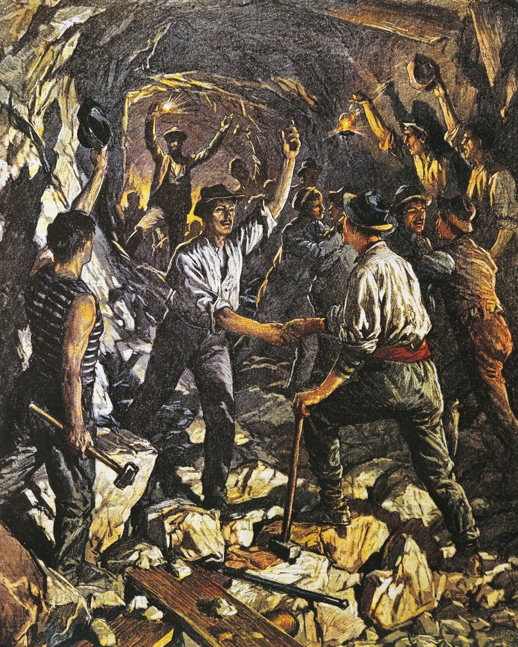 Opening van het eerste stuk van de Simplon Spoortunnel tussen Arona en Meina, door Achille Beltrame, van La Domenica del Corriere, 25 oktober 1903 door Achille Beltrame