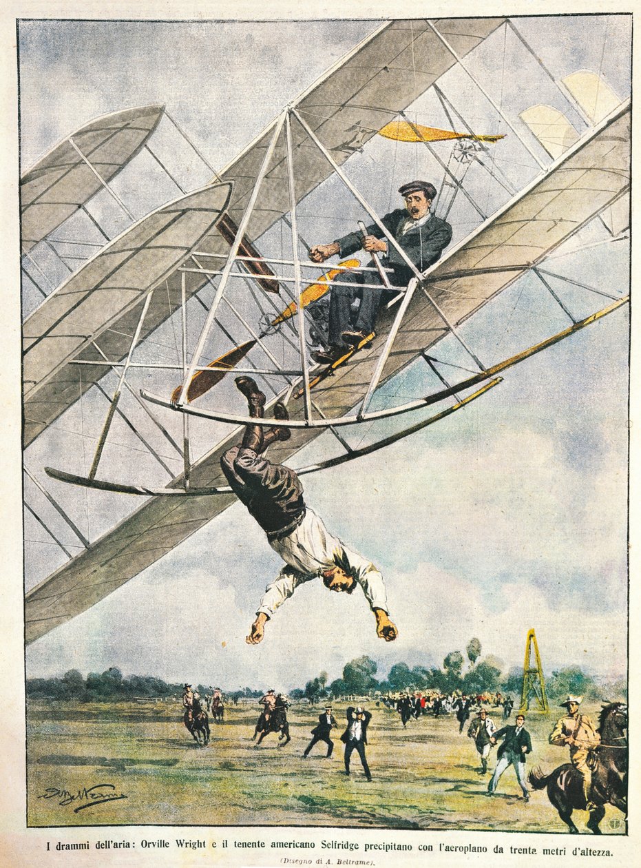 Orville Wright en luitenant Seliridge storten neer met tweedekker vanaf dertig meter, Verenigde Staten van Amerika, illustratie door Achille Beltrame uit La Domenica del Corriere, 11 oktober door Achille Beltrame