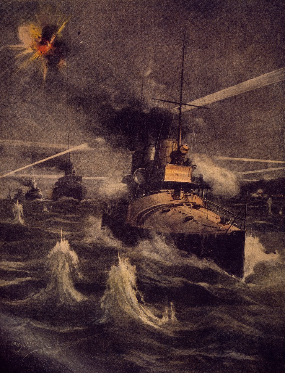 Onze torpedoboten maken een gedurfde inval in de Dardanellen onder vijandelijk vuur, illustratie uit La Domenica del Corriere door Achille Beltrame