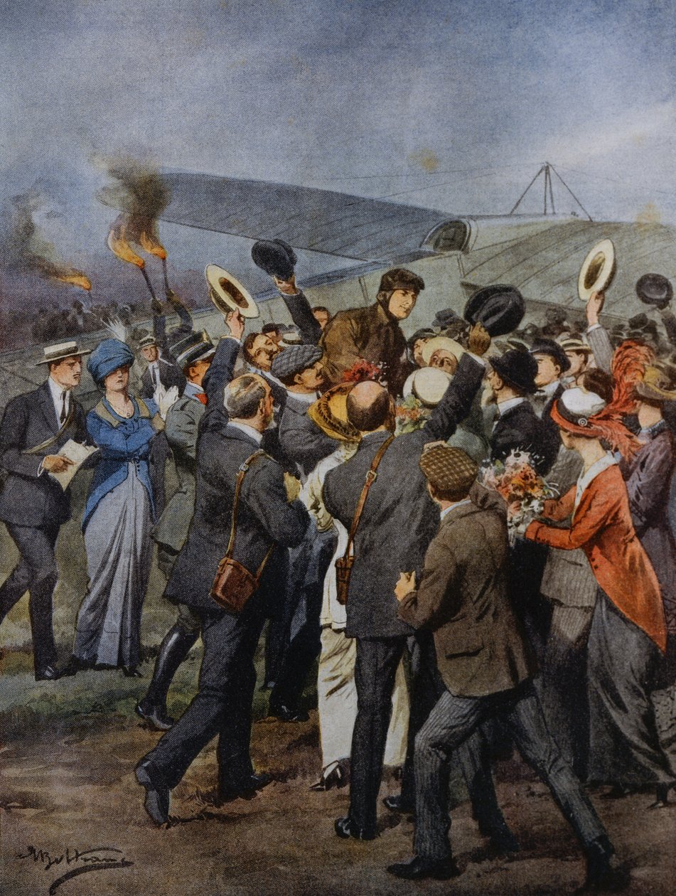 Terugkeer naar Turijn van vliegenier Perrylon, na in één dag naar Rome te zijn gevlogen, Italië, illustratie door Achille Beltrame uit La Domenica del Corriere, 15 juni door Achille Beltrame
