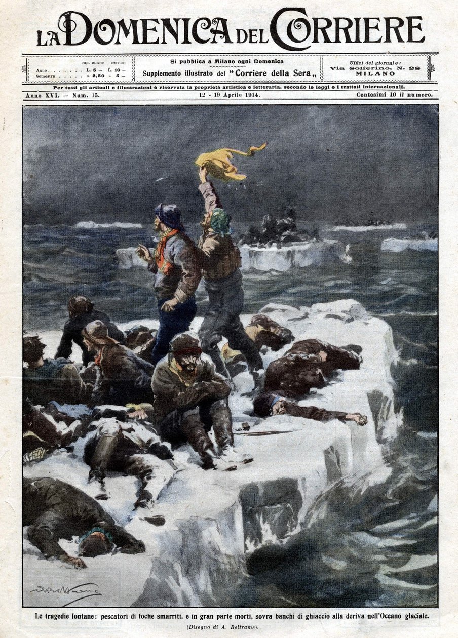 Zeehondenjagers, van wie sommigen stierven, bleven gestrand op het drijvende ijs van de oceaan. Ill. de Beltrame. La Domenica del Corriere. 12-19/04/1914. door Achille Beltrame