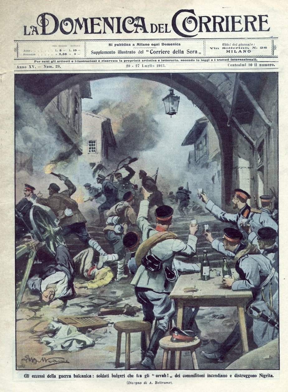 Tweede Balkanoorlog (1913) tussen Bulgarije en Griekenland en Turkije: Bulgaarse soldaten steken Nigrita in Griekenland in brand. La Domenica del Corriere. 07/1913. Illustratie van Beltrame. door Achille Beltrame