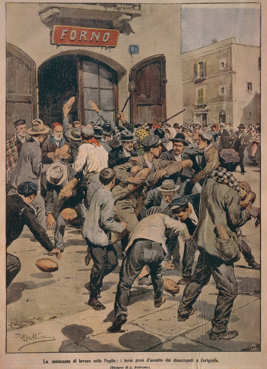 Ernstig tekort aan werk in Apulië, Ovens bestormd door werklozen van Cerignola, door Achille Beltrame, illustratie, Illustrator Achille Beltrame (1871-1945), uit La Domenica del Corriere, 20 december 1908 door Achille Beltrame