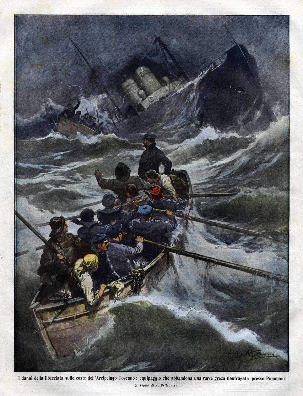 Zinken van een Italiaanse boot voor de kust van Toscane in 1910. illustratie door Achilles Beltrame door Achille Beltrame