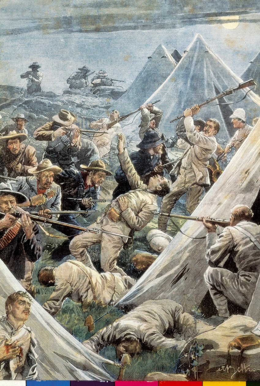 Zuid-Afrika. Tweede Boerenoorlog. Aanval op het Engelse kamp van Tweefontein (1902). Illustratie door Achille Beltrame. Gravure. door Achille Beltrame