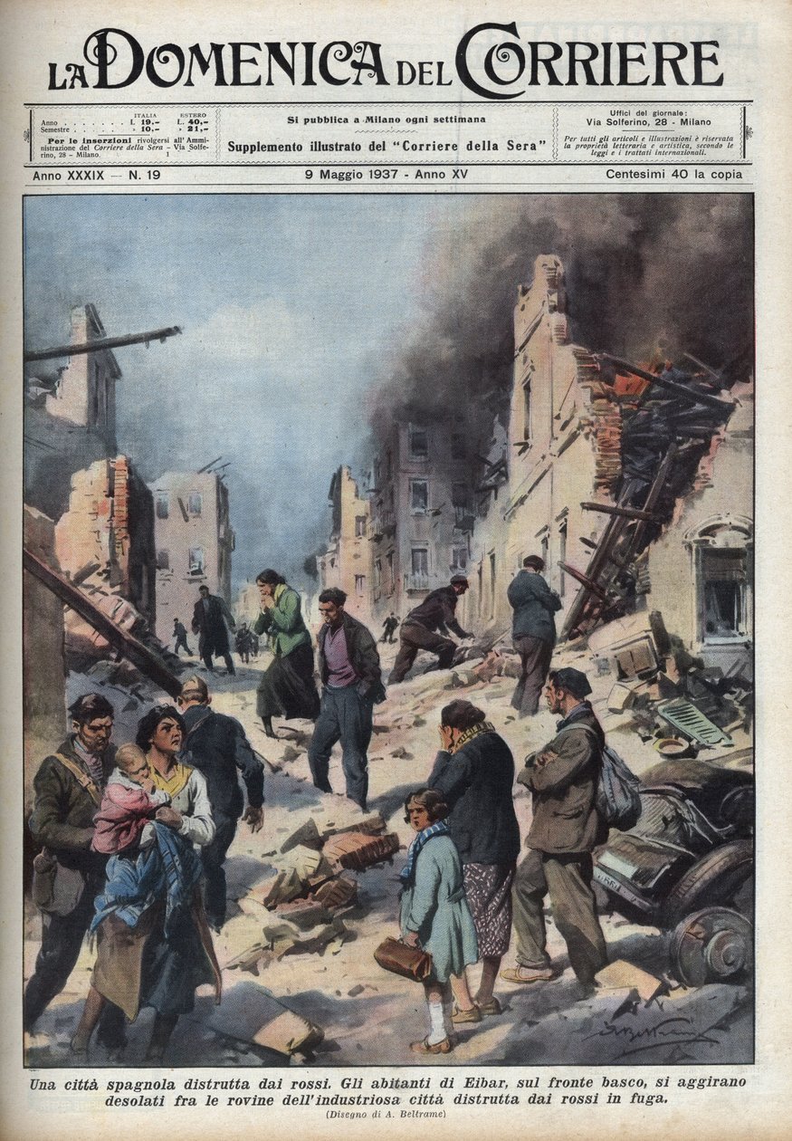 Spaanse Burgeroorlog: uitzicht op de ruïnes van de stad Eibar in Baskenland verwoest door de roden. Illustratie van Achille Beltrame in 