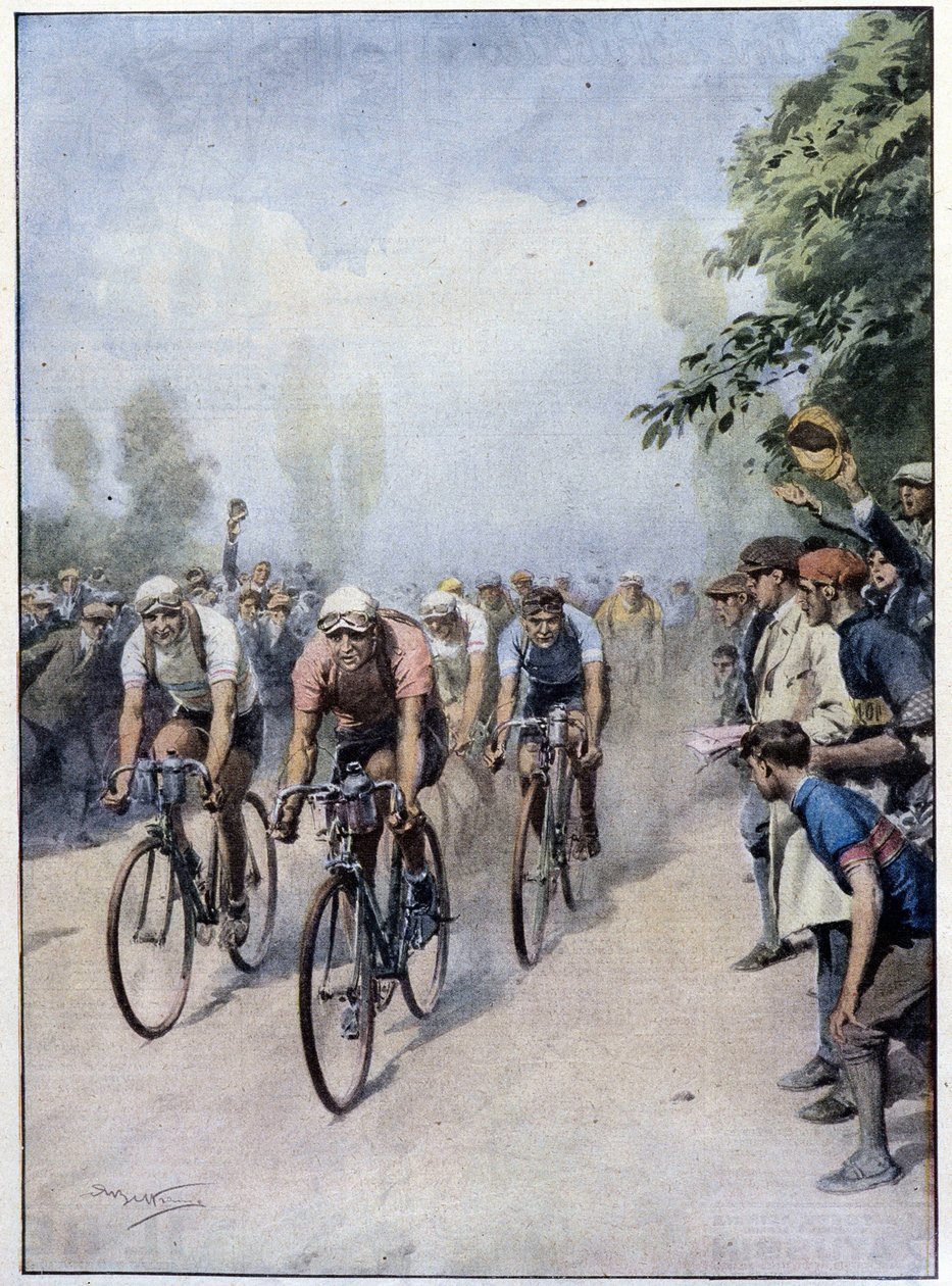 De Italiaanse Wielerronde met Guerra en Binda - tekening door A. Beltrame, in 
