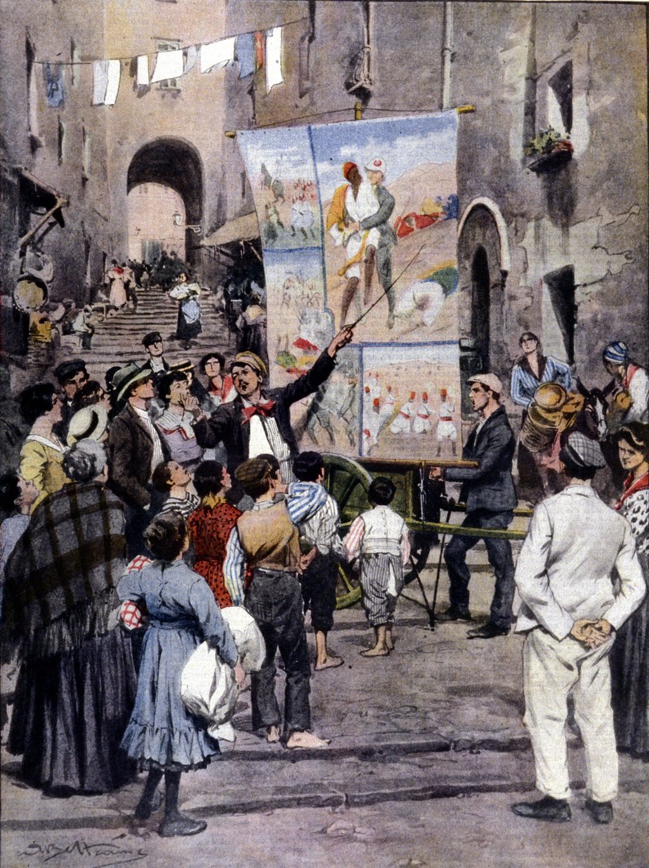 De Poëzie van de Oorlog: De nieuwste populaire liedjes geïnspireerd door de Libische Oorlog worden op straat gezongen door straatartiesten in Napels. Ill. de Beltrame. La Domenica del Corriere. 1912 door Achille Beltrame