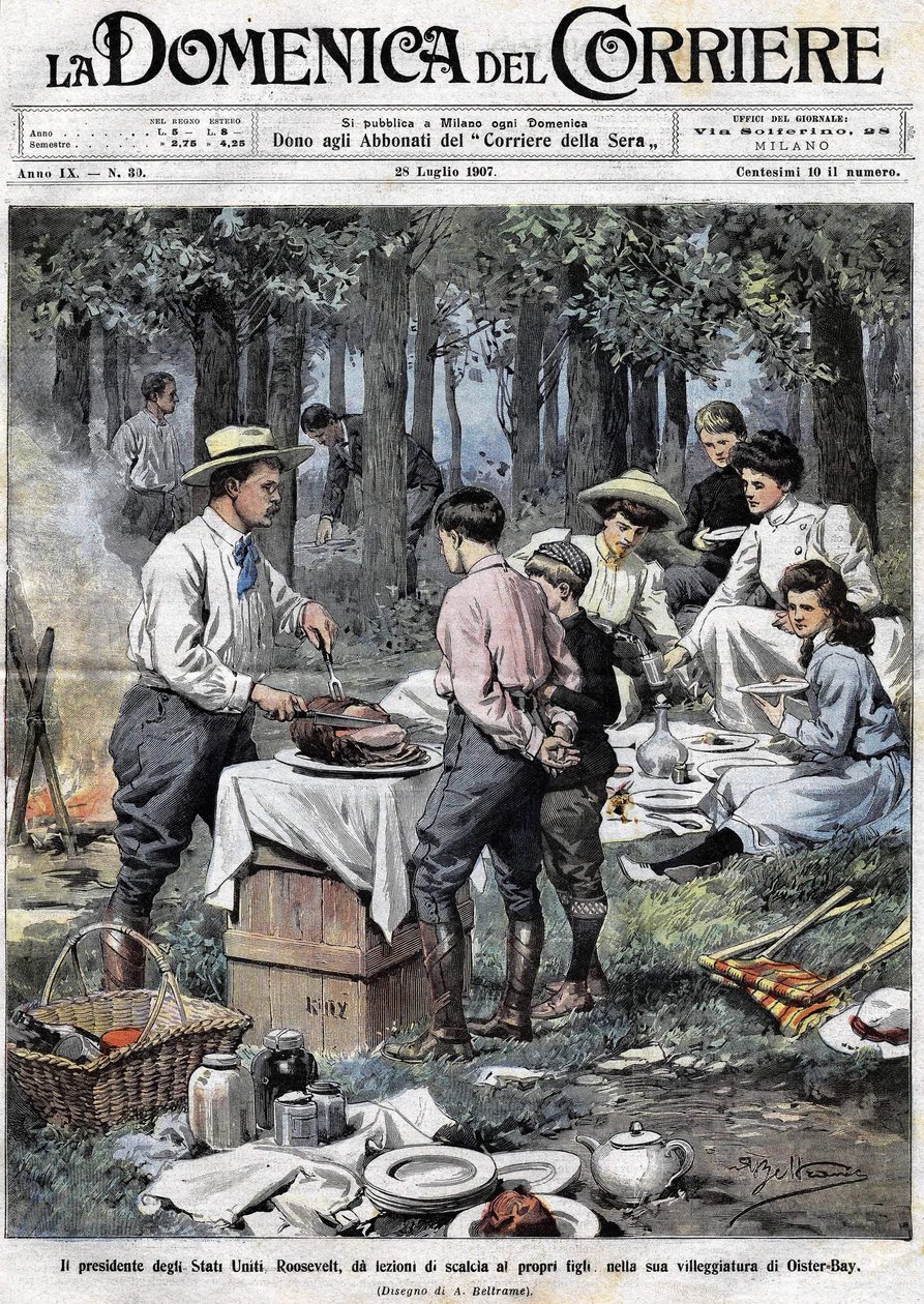 De president van de Verenigde Staten Theodore Roosevelt (1858 - 1919) leerde zijn zonen de plichten van een man van goede samenleving door zijn been af te hakken tijdens een picknick in zijn tweede residentie in Oister Bay. Illustratie door Achille Beltram door Achille Beltrame