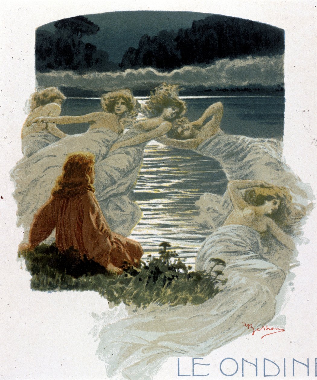 De personages van de ondines, jonge nimfen van de wateren van de Germaanse mythologie. Illustratie door A. Beltrame. door Achille Beltrame