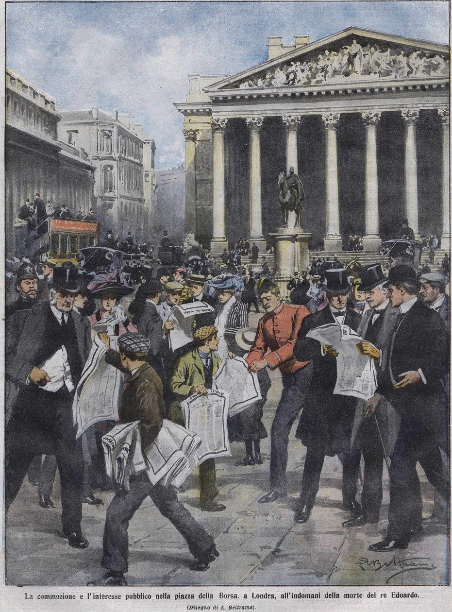 De dag na de dood van koning Edward VII. Illustratie door Achille Beltrame. Mei 1910. door Achille Beltrame