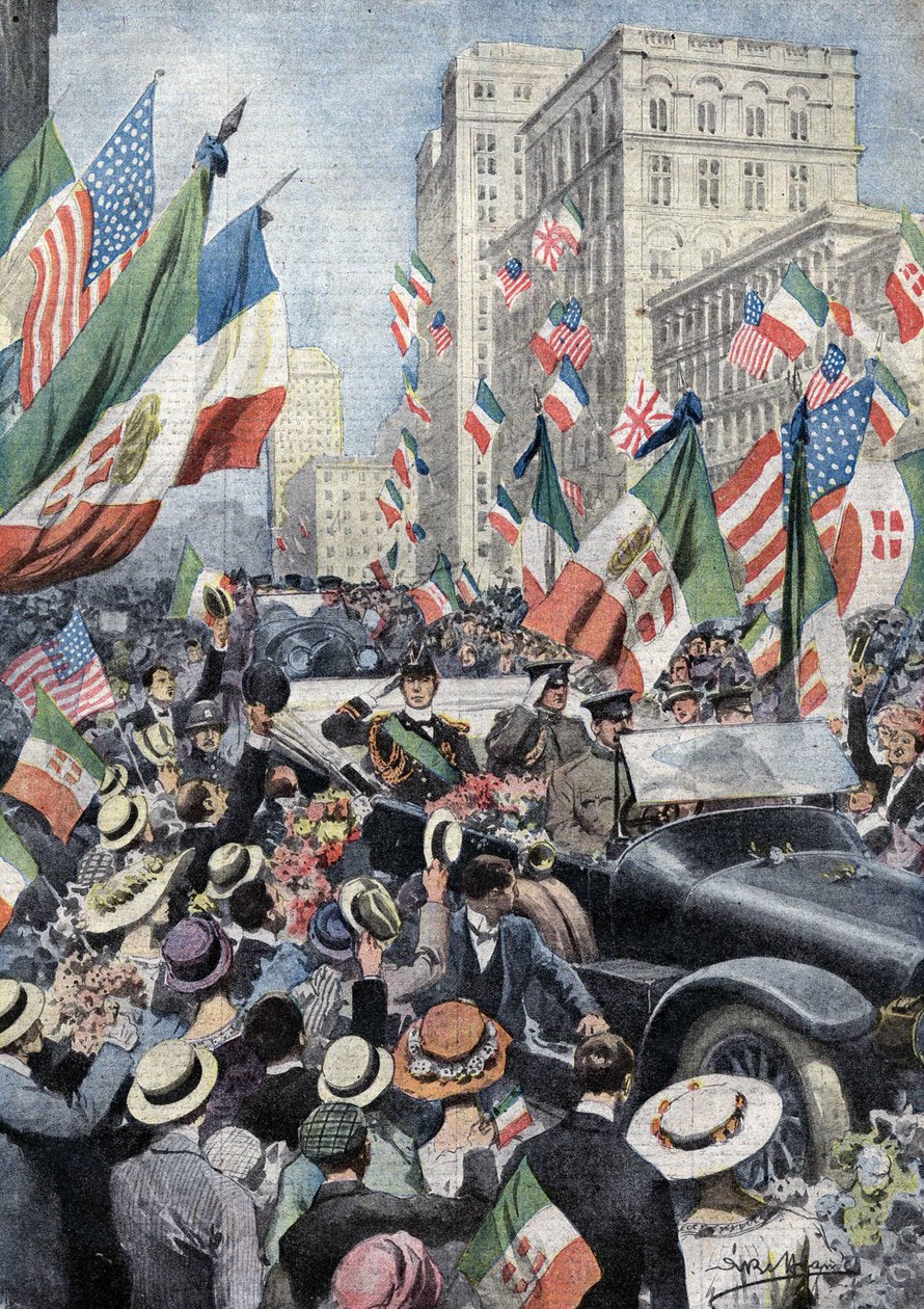 Het enthousiaste welkom van het Amerikaanse volk aan Ferdinand de Savoye, hertog van Genua en prins van Udine (1884 - 1963) toen hij in Boston aankwam. Ill. de Beltrame. La Domenica del Corriere. 06/1917. door Achille Beltrame