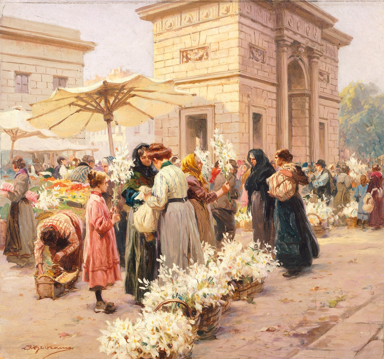 De leliemarkt bij Porta Garibaldi in Milaan, uit La Domenica del Corriere, Italië 20e eeuw door Achille Beltrame