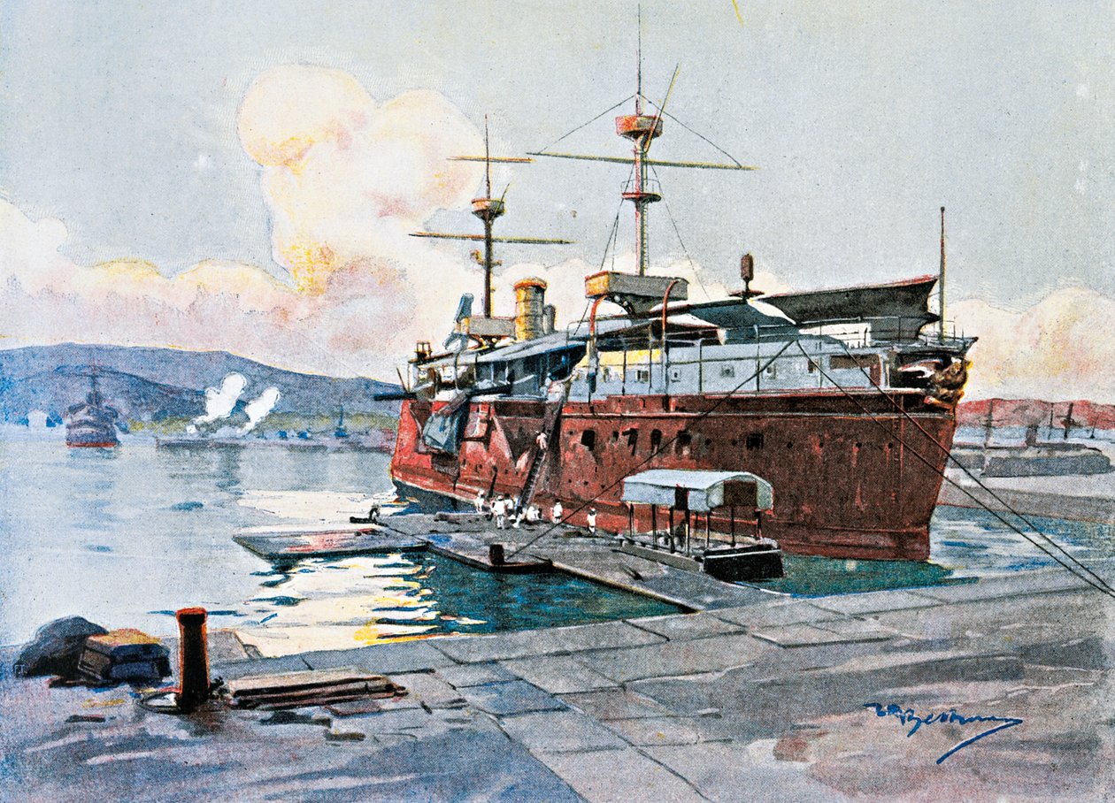Het oude schip Castelfidardo in La Spezia door Achille Beltrame