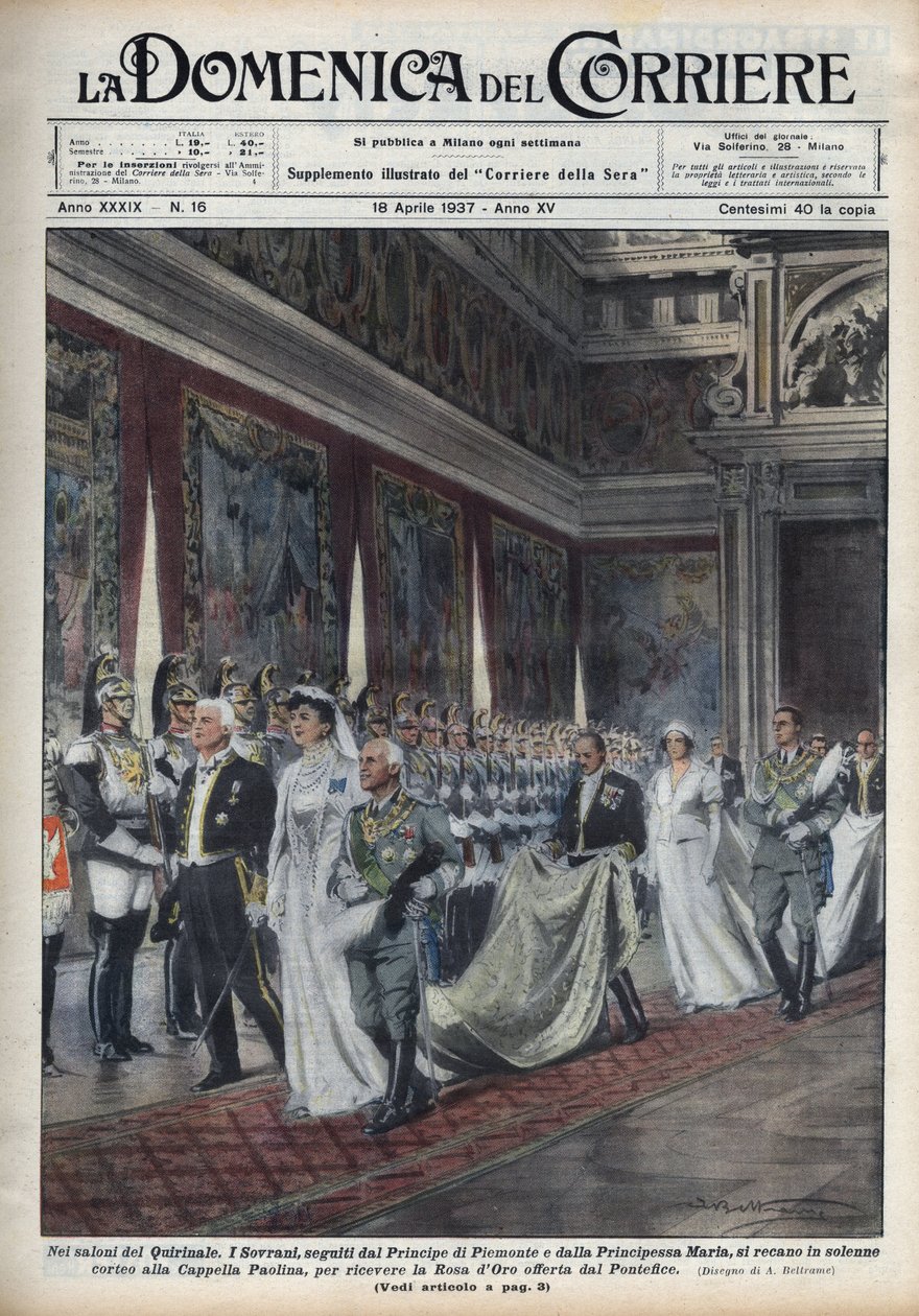 Het koninklijk paar, Victor Emmanuel III (Victor-Emmanuel) (Vittorio Emanuele III) (1869-1947) en zijn vrouw Helene van Montenegro gevolgd door prins Humbert (Umberto) II en Maria Jose (Marie-Jose van België, Maria Jose van Savoie) gaan naar de Paolina Kap door Achille Beltrame