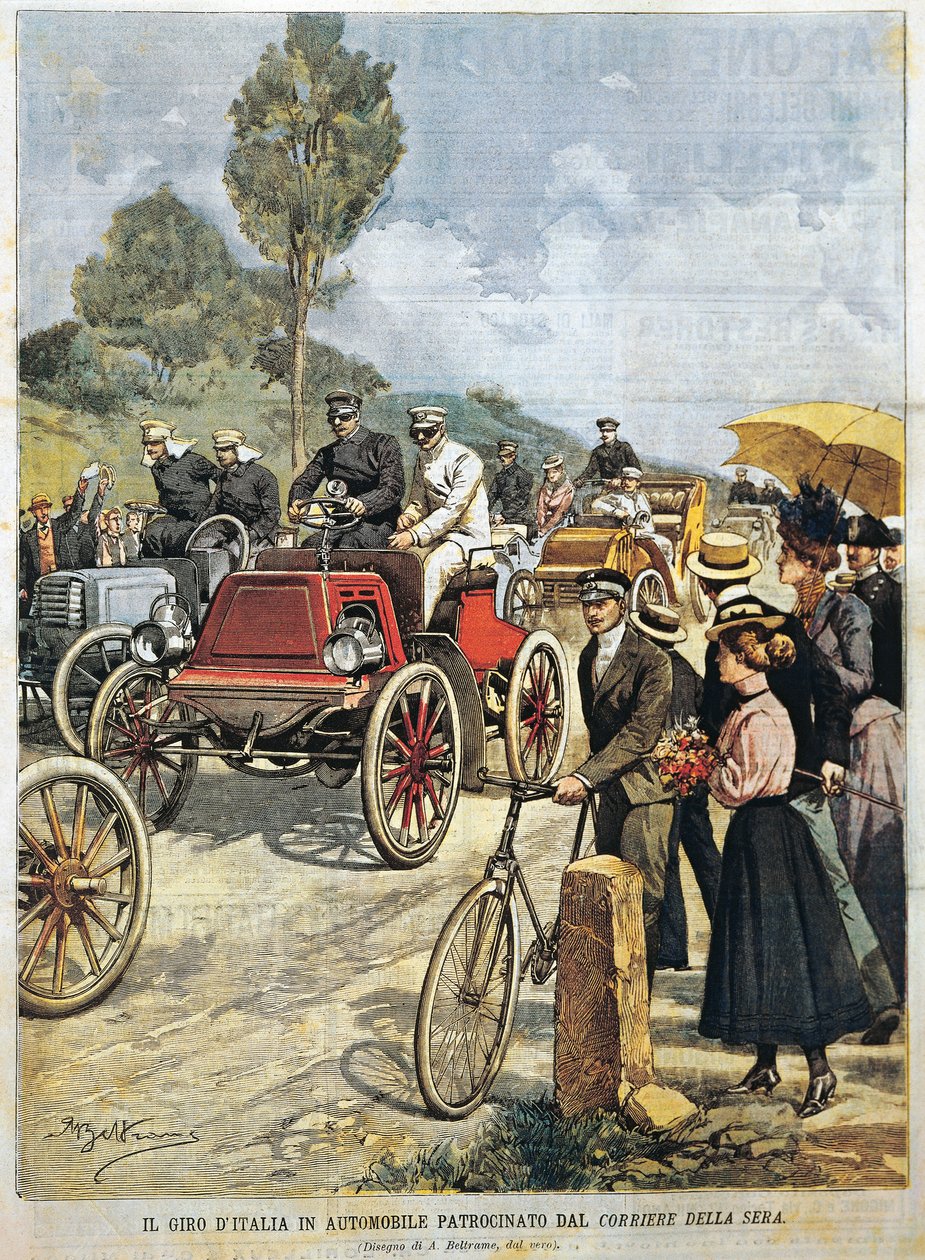 Rondreis door Italië per auto, gesponsord door Corriere della Sera, illustratie door Achille Beltrame uit La Domenica del Corriere, 19 mei door Achille Beltrame