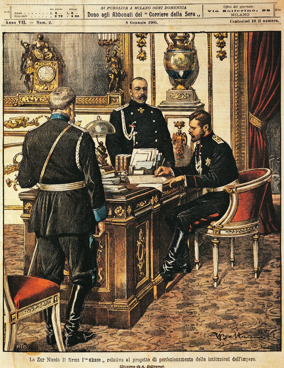 Tsaar Nicolaas II ondertekent project voor institutionele hervormingen, uit La Domenica del Corriere, 8 januari 1905 door Achille Beltrame