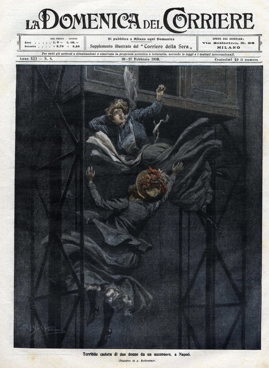 Twee vrouwen vielen uit een lift in Napels in 1910. door Achille Beltrame