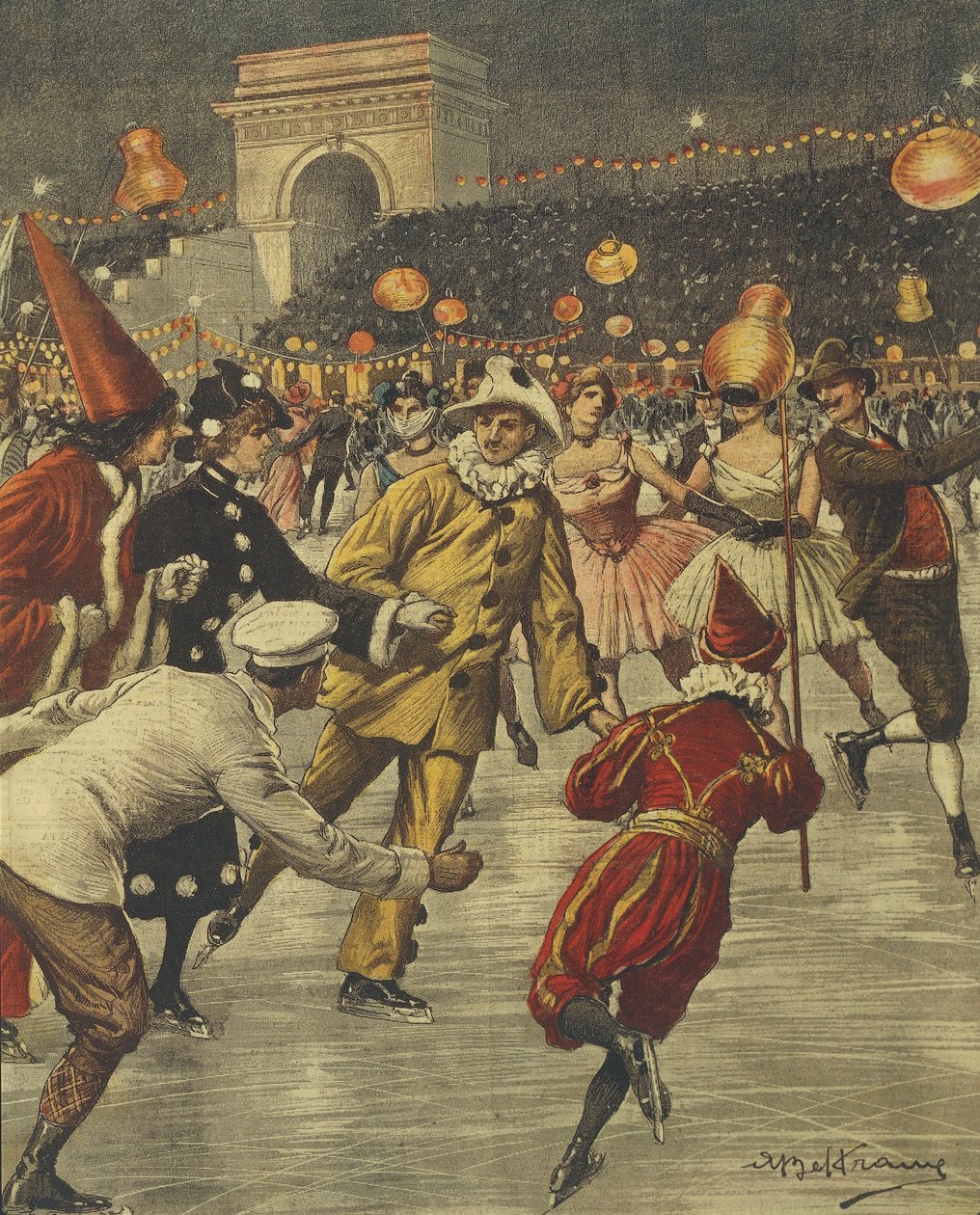 Typisch kostuumfeest op ijs in Aren in Milaan, door Achille Beltrame, illustratie, Illustrator Achille Beltrame (1871-1945), uit La Domenica del Corriere door Achille Beltrame