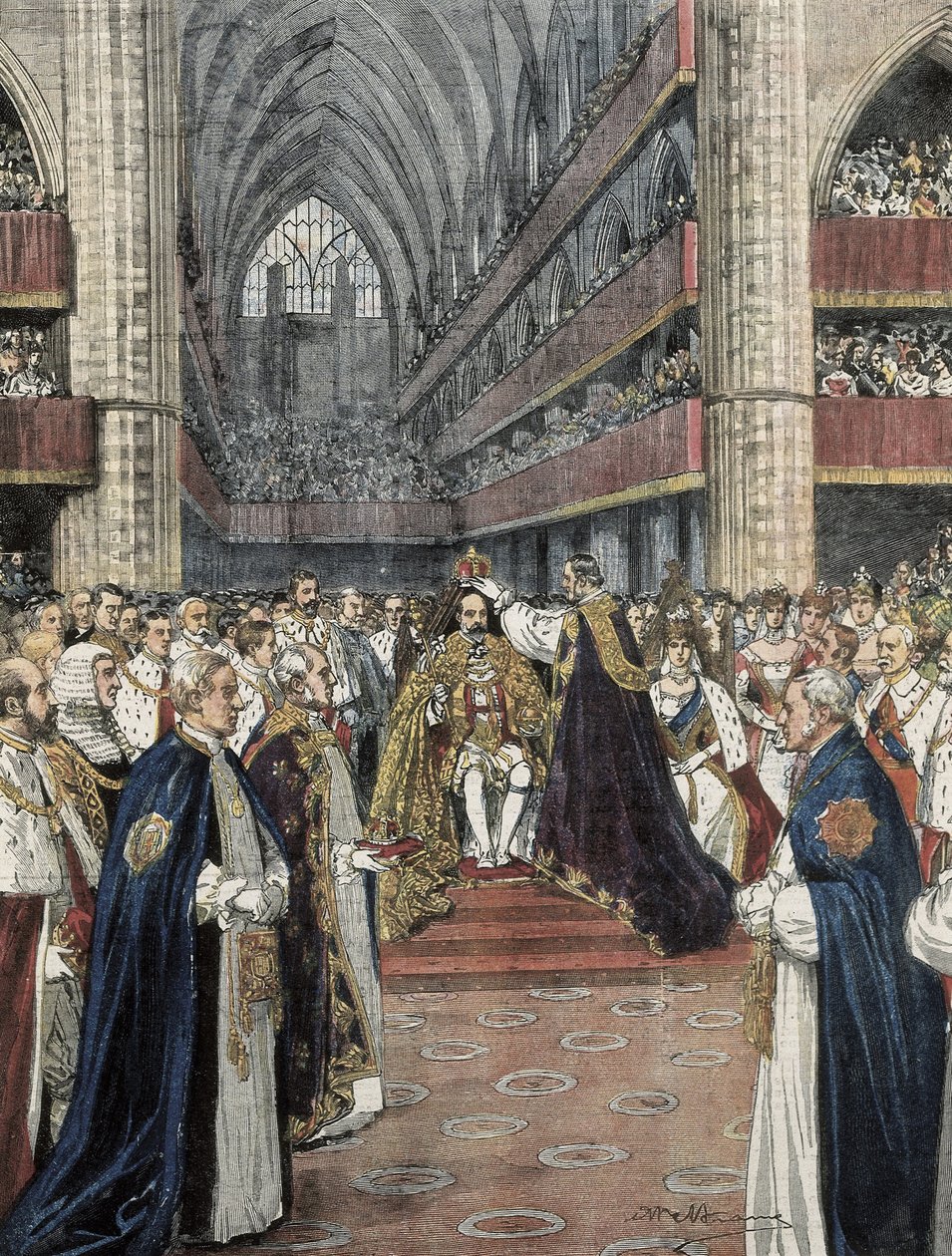 Verenigd Koninkrijk (1901). Kroning van Edward VII in de Westminster Abbey. Illustratie door Achille Beltrame gepubliceerd in Domenica del Corriere. Gravure. door Achille Beltrame