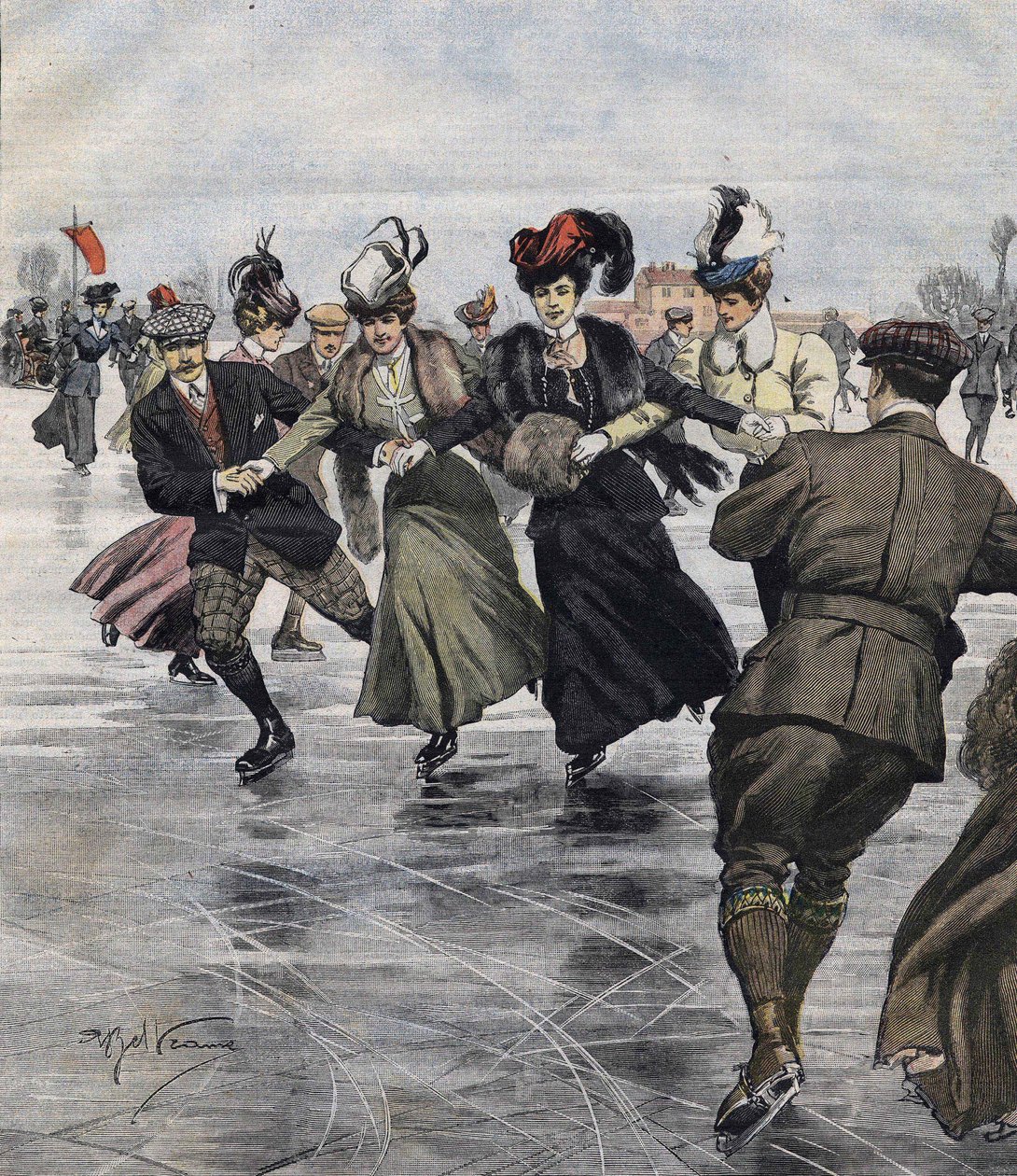 Winterpret. Schaatsers. Illustratie door Achille Beltrame in 1907. door Achille Beltrame